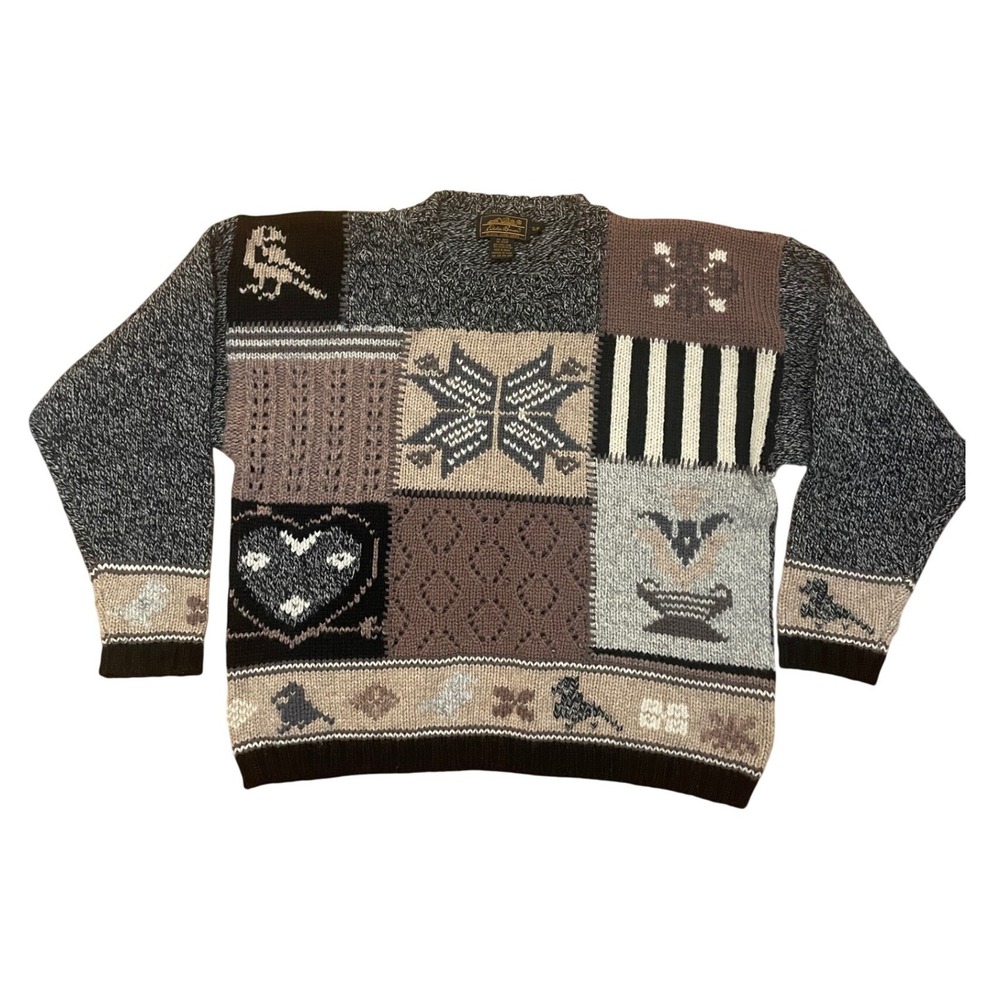 Vintage Sweater Eddie Bauer Wool Blend Intarsia Sweater Grey Brown Small